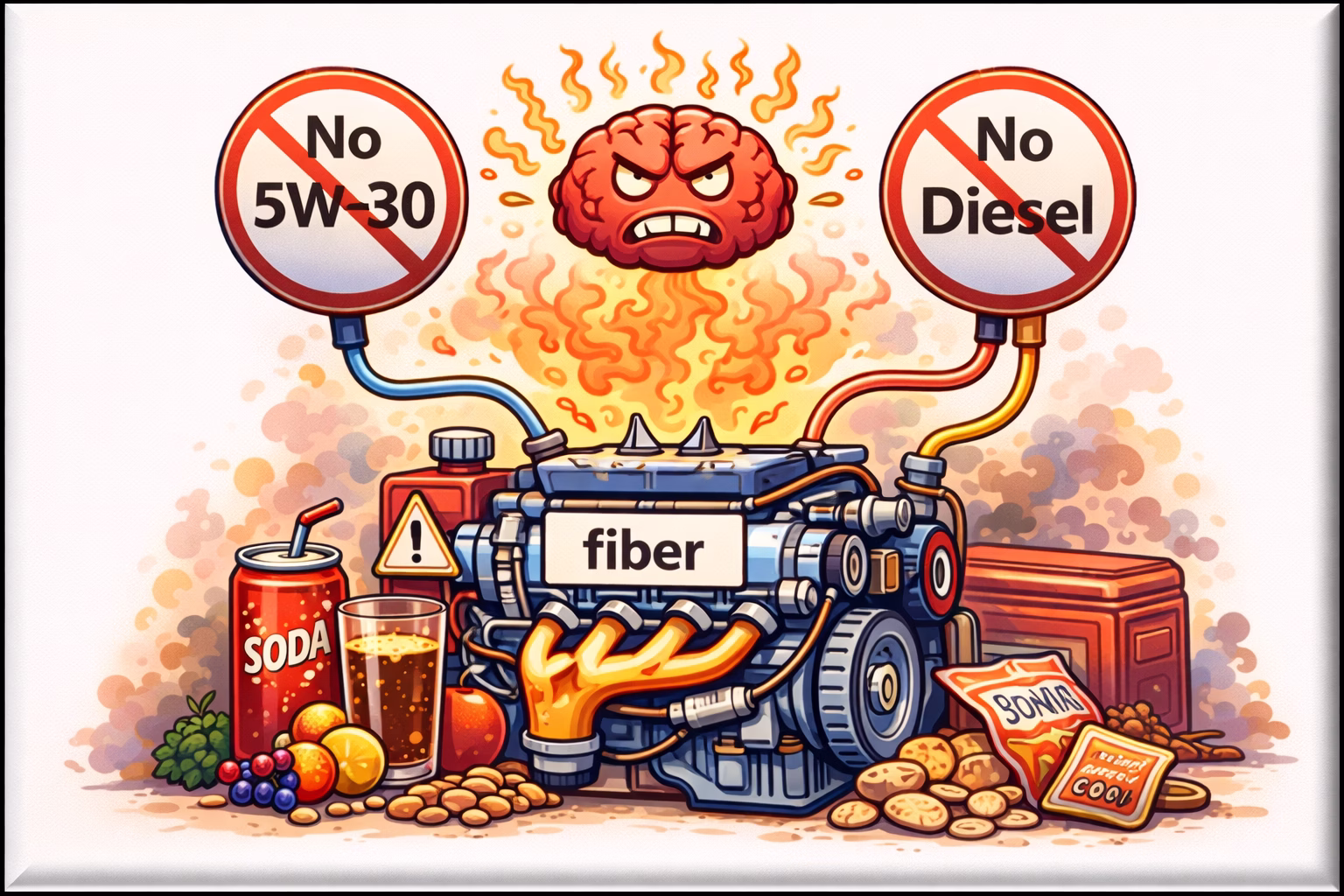 An overheating engine surrounded by junk food as a metaphor for brain inflammation